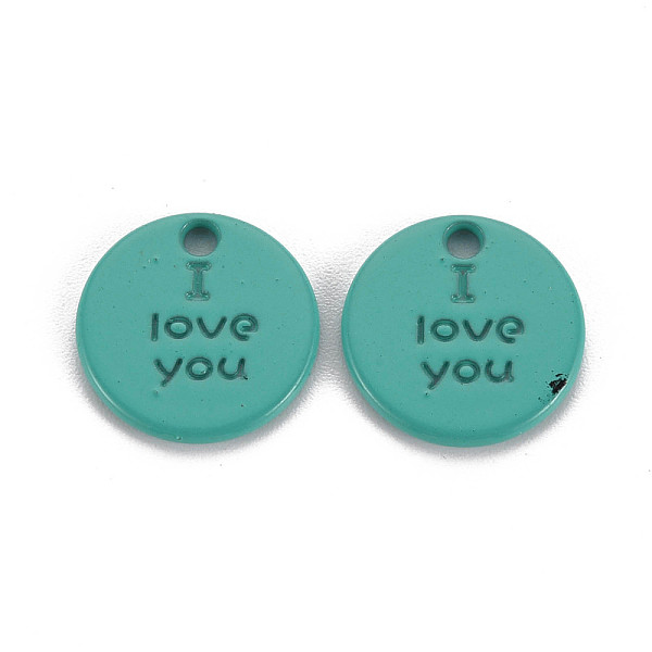 

PandaHall Spray Painted Alloy Charms for Valentine's Day, Cadmium Free & Lead Free, Flat Round with Phrase I Love You, Light Sea Green...