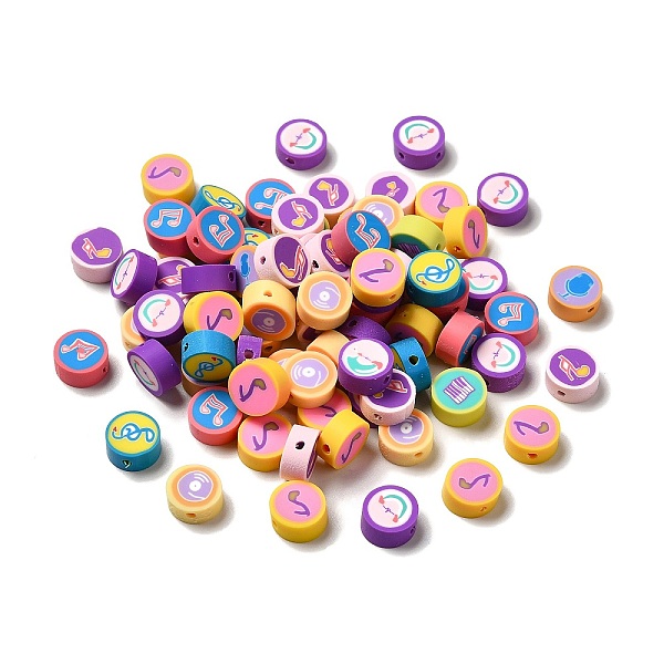 PandaHall Handmade Polymer Clay Beads, Flat Round, Musical Note Pattern, 9~9.5x4~5mm, Hole: 1.6mm Polymer Clay Musical Note Multicolor