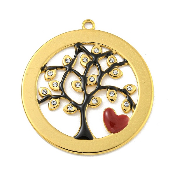 

PandaHall Ion Plating(IP) 304 Stainless Steel Rhinestone Pendants, with Enamel, Real 18K Gold Plated, Flat Round with Tree Charm, Black...