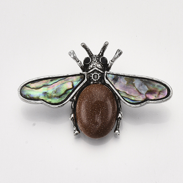 

PandaHall Synthetic Goldstone Brooches/Pendants, with Rhinestone and Alloy Findings, Abalone Shell/Paua Shelland Resin Bottom, Bee, Antique..., Black