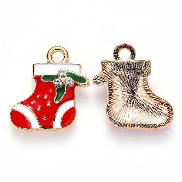 

PandaHall Alloy Enamel Pendants, with Crystal Rhinestone, for Christmas, Christmas Sock, Light Gold, Red, 18x17x3mm, Hole: 2mm Alloy...