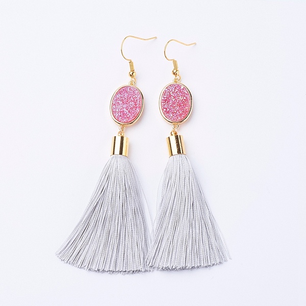 

PandaHall Ice Silk Thread Tassel Dangle Earrings, with Electroplated Natural Druzy Quartz Crystal and Brass Earring Hooks, Golden..., White