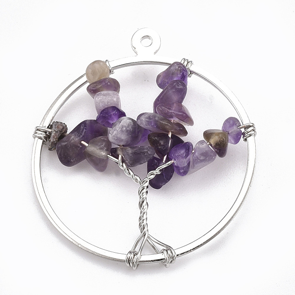 

PandaHall Brass Wire Wrapped Pendants, with Natural Amethyst Chip Beads, Ring with Tree, Platinum, 35x30x5~10mm, Hole: 1mm Amethyst Tree