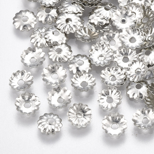 

PandaHall Iron Bead Caps, Nickel Free, Flower, Platinum, 5x1mm, Hole: 1mm Iron