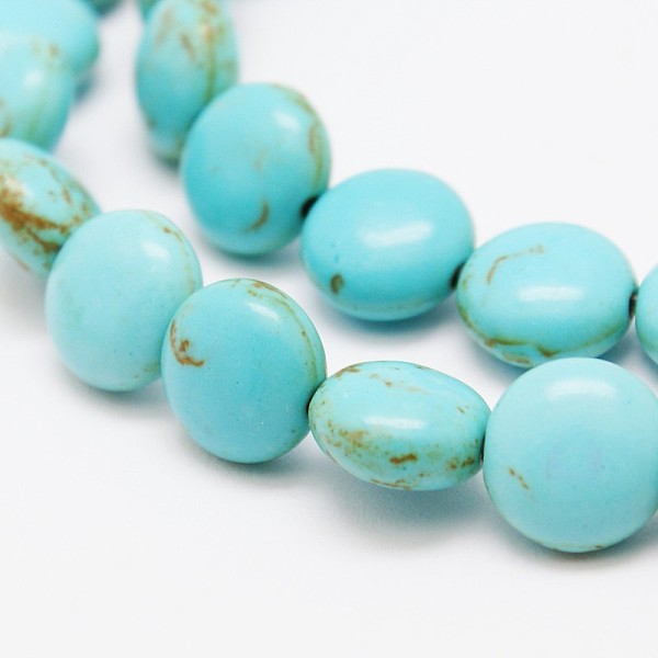 

PandaHall Flat Round Synthetic Turquoise Beads Strands, Dyed, Turquoise, 16x6mm, Hole: 1mm, about 25pcs/strand, 15.7 inch Synthetic..., Green