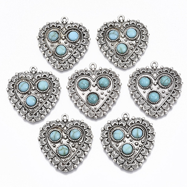 

PandaHall Tibetan Style Alloy Pendants, with Synthetic Turquoise, Cadmium Free & Lead Free, Heart, Antique Silver, 34.5x32x5mm, Hole: 1.6mm...