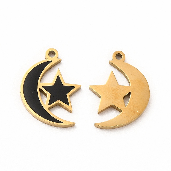 

PandaHall Ion Plating(IP) 304 Stainless Steel Pendants, With Enamel, Moon With Star, Black, 15.5x11.5x1mm, Hole: 1.2mm Alloy+Enamel Black