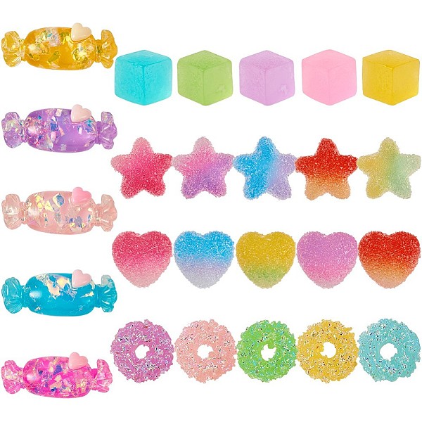 PandaHall Resin Cabochons, Heart, Candy, Donut, Cube, Star, Mixed Color, 100pcs/set Resin Mixed Shapes Multicolor