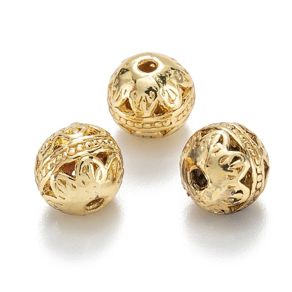 

PandaHall Alloy Hollow Beads, Round with Flower, Cadmium Free & Lead Free, Real 18K Gold Plated, 8x7~8mm, Hole: 1.5~2mm Alloy Round