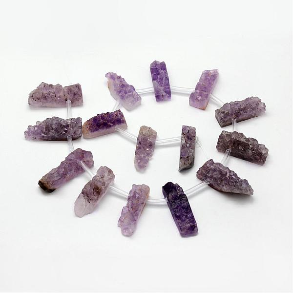 

PandaHall Natural Druzy Amethyst Beads Strands, Nuggets, 12~13x28~40x12~19mm, Hole: 2mm, about 16pcs/strand, 16 inch Amethyst Nuggets