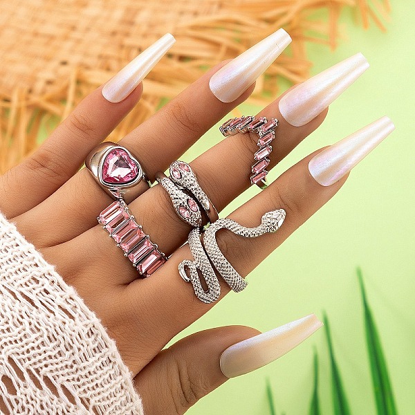 

PandaHall 5Pcs 5 Style Snake & Heart & Rectangle Rhinestone Finger Rings Set, Platinum Alloy Wide Stackable Rings for Women, Light Rose..., Pink