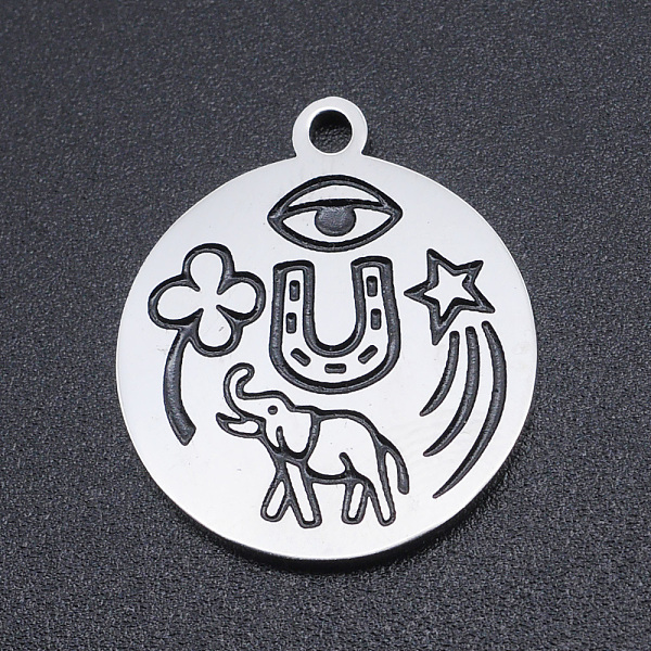 

PandaHall 201 Stainless Steel Etched Pendants, Flat Round, Elephant & Clover & Start & Eye, Stainless Steel Color, 22x19x1.5mm, Hole: 1.8mm...