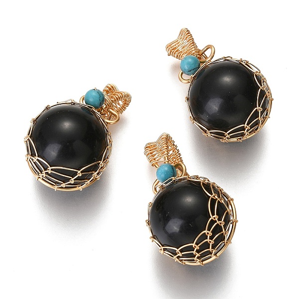 

PandaHall Natural Obsidian & Turquoise Pendants, with Golden Brass Findings, Round, 26.5~28x17~17.5x16.5mm, Hole: 3~5X2.5~3.5mm Obsidian...