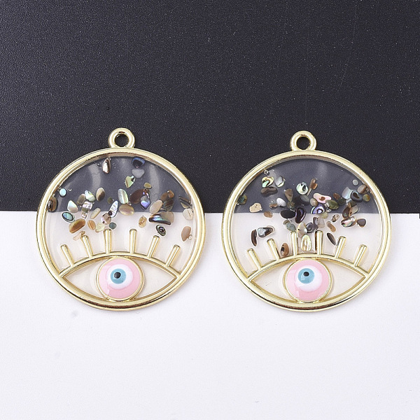 

PandaHall Epoxy Resin Pendants, with Shell, Alloy Findings and Enamel, Flat Round with Eye, Golden, Pink, 39x34x4mm, Hole: 2.5mm Alloy+Epoxy...