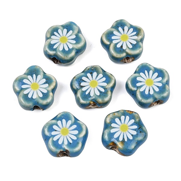 Glaze Daisy Flower Printed Porcelain Beads