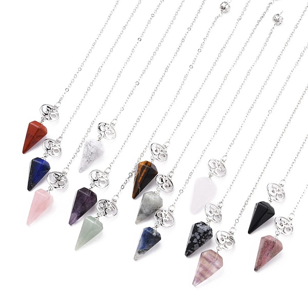 

PandaHall Natural & Synthetic Mixed Stone Hexagonal Pointed Dowsing Pendulums, with Platinum Plated Brass Findings, Aum/Om Symbol & Cone...