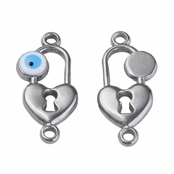 

PandaHall 304 Stainless Steel Enamel Connector Charms, Stainless Steel Color, Heart-Shaped Lock with Evil Eye, White, 23x11x3mm, Hole: 1.5mm...