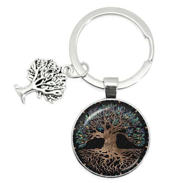 

PandaHall Glass Keychains, Flat Round with Tree of Life Charms, 6.2cm Glass Flat Round Brown