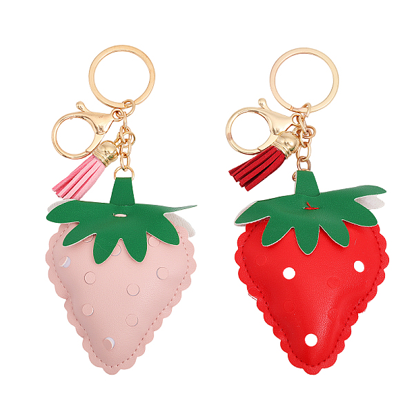 

PandaHall CHGCRAFT 2Pcs 2 Colors PU Leather Strawberry Pendant Keychains with Tassel Charms for Handbag Car Key Hanging Decoration..., Multicolor