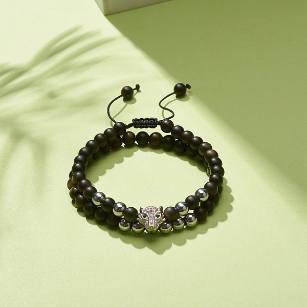 

PandaHall 2Pcs 2 Style Natural Obsidian & Synthetic Hematite Braided Bead Bracelets Set with Cubic Zirconia Leopard, Gemstone Jewelry for...