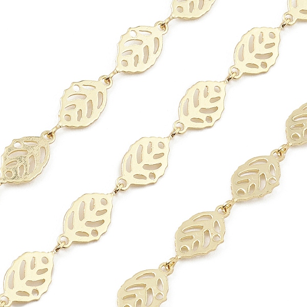 

PandaHall Brass Hollow Leaf Link Chains, Unwelded, with Spool, Real 18K Gold Plated, 15x7x0.5mm Brass
