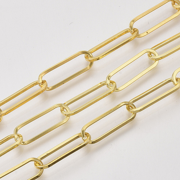 

PandaHall Unwelded Iron Paperclip Chains, Flat Oval, Drawn Elongated Cable Chains, with Spool, Golden, 18x6x1.2mm, about 82.02 Feet...