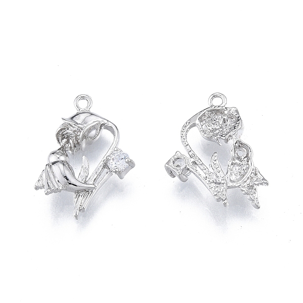 

PandaHall Brass Micro Pave Clear Cubic Zirconia Pendants, Rose with Bird, Platinum, 19x14x4mm, Hole: 1.4mm Brass+Cubic Zirconia Bird Clear