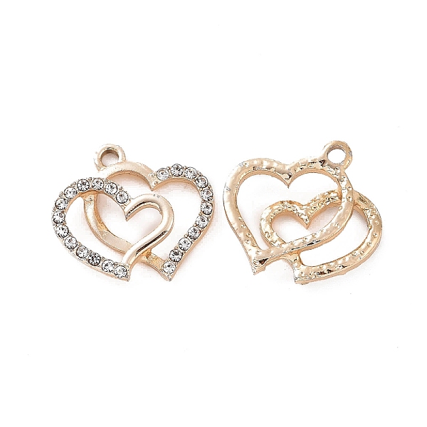 

PandaHall Alloy Crystal Rhinestone Pendants, Double Heart Charms, Light Gold, 19x20x4mm, Hole: 2mm Alloy+Rhinestone Heart Clear