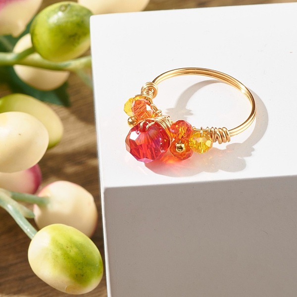 

PandaHall Electroplate Faceted Glass Beads Finger Ring, Real 18K Gold Plated Copper Wire Wrap Ring for Girl Women, Orange, US Size 8(18.1mm)...