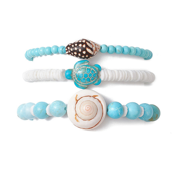 

PandaHall 3Pcs 3 Styles Summer Beach Turtle Dyed Synthetic Turquoise & Shell Bead Bracelet Sets, Round Dyed Natural Magnesite & Disc Sea...