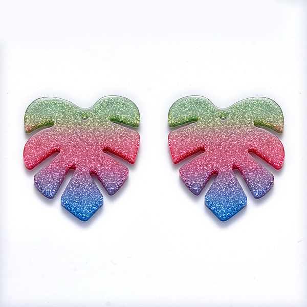 PandaHall Cellulose Acetate(Resin) Pendants, Tropical Leaf Charms, with Glitter Powder, Rainbow Gradient Mermaid, Monstera Leaf, Colorful...