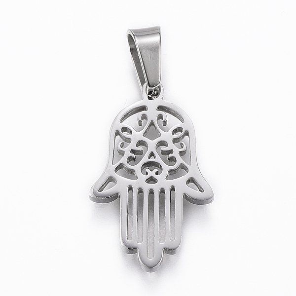 

PandaHall 304 Stainless Steel Pendants, Hamsa Hand/Hand of Fatima/Hand of Miriam, Stainless Steel Color, 22x14x2mm, Hole: 5x7mm 304...