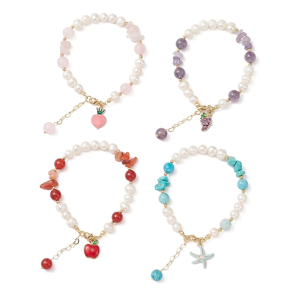 

PandaHall 4Pcs 4 Style Grape & Apple & Peach & Starfish Alloy Enamel Charm Bracelets Set, Natural & Synthetic Mixed Stone Chips & Natural..., Multicolor
