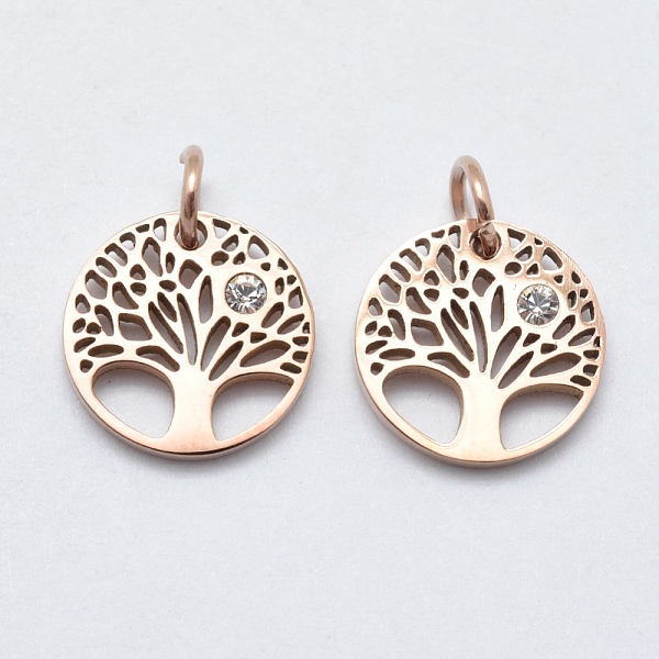 

PandaHall 316 Surgical Stainless Steel Pendants, with Cubic Zirconia, Flat Round with Tree, Clear, Real Rose Gold Plated, 12x2mm, Hole: 3mm...