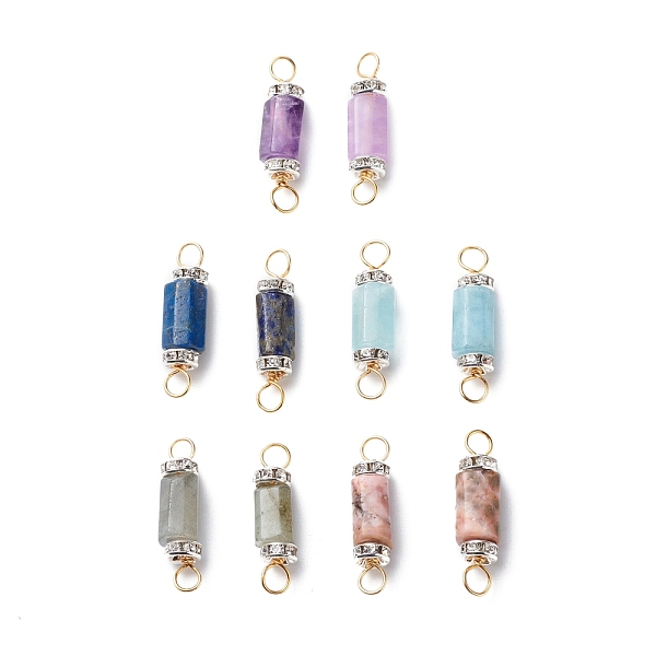 

PandaHall Natural Mixed Gemstone Connector Charms, with Brass Rhinestone Beads and Golden Tone Copper Wires, Faceted Column, 27x7x7mm, Hole...