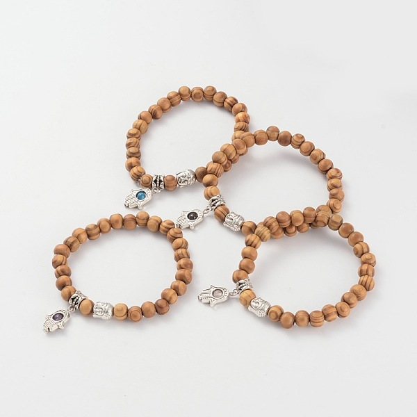 

PandaHall Wood Beaded Stretch Bracelets, with Natural Gemstone Beads and Alloy Findings, Buddha and Hamsa Hand/Hand of Fatima/Hand of Miriam...