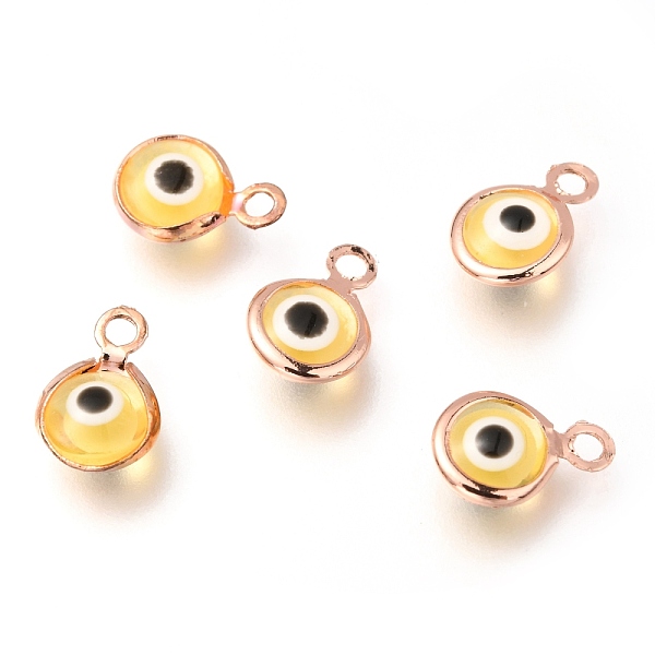 

PandaHall Handmade Evil Eye Lampwork Charms, with Brass Findings, Flat Round, Blue, Real Rose Gold Plated, 10x6.5x3mm, Hole: 1.5mm..., Yellow