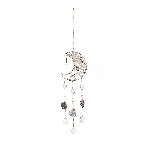 

PandaHall Natural Fluorite Chips Beaded Moon with Tree of Life Hanging Sun Catchers, with Glass Teardrop, with Iron Findings, 415mm Mixed..., White