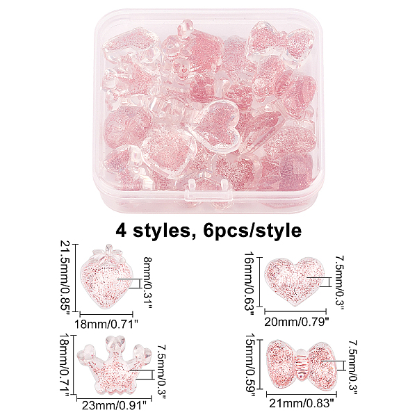 

PandaHall CHGCRAFT 24Pcs 4 Style Transparent Heart Resin Cabochons with Glitter Cute Slime Charms Powder Strawberry Bowknot Crown Flatback..., Pink