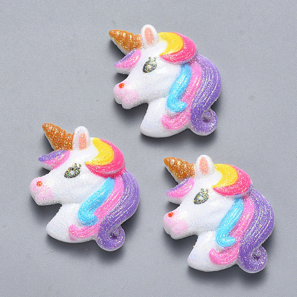 PandaHall Resin Cabochons, with Glitter Powder, Unicorn, Colorful, 25.5x24x5mm Resin Unicorn