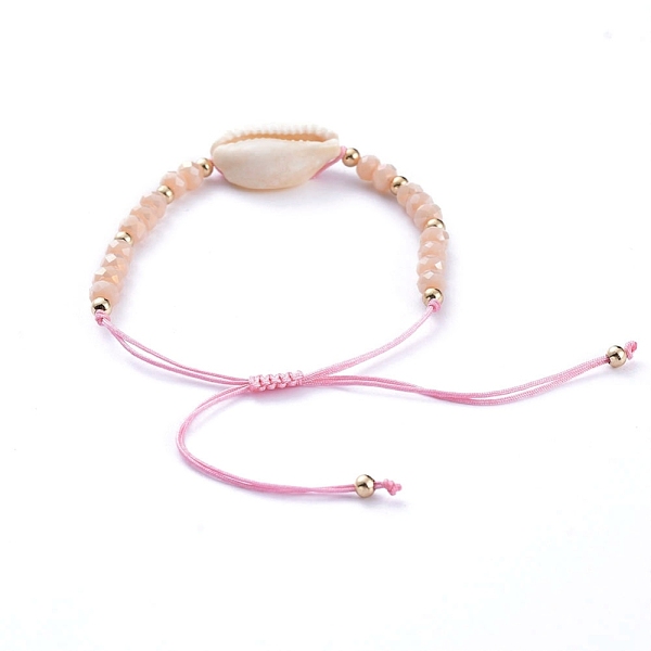 

PandaHall Adjustable Nylon Thread Braided Bead Bracelets, with Natural Cowrie Shell Beads, Faceted Glass Beads and Brass Beads, PeachPuff..., Brown