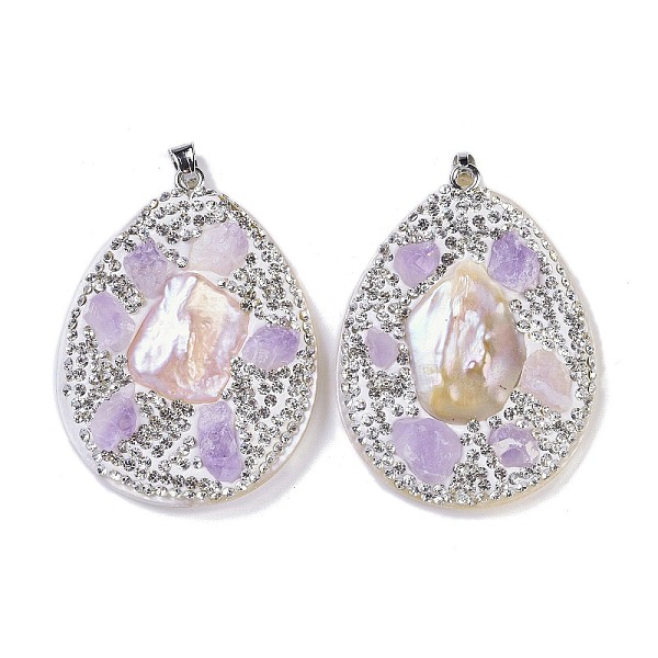 

PandaHall Natural Shell Polymer Clay Rhinestone Pendants, Resin Amethyst Teardrop Charms with Platinum Plated Brass Snap on Bails, White...