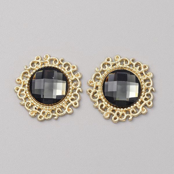 

PandaHall Glass Cabochons, with Light Gold Tone Alloy Finding, Flower, Black, 24~24.5x5~7mm Glass Flower Black