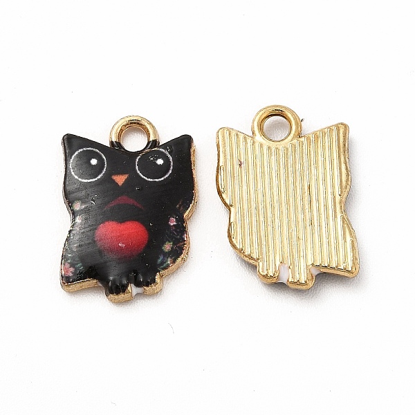 

PandaHall Printed Alloy Pendants, Lead Free & Cadmium Free & Nickel Free, Owl Charm, Golden, Black, 15x10.5x2mm, Hole: 1.8mm Alloy Owl Black