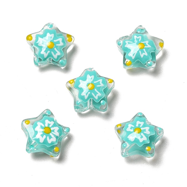 

PandaHall Handmade Lampwork Beads, Star with Flower Pattern, Turquoise, 12~12.5x12.5~13x6~6.5mm, Hole: 0.9~1mm Lampwork Star Green