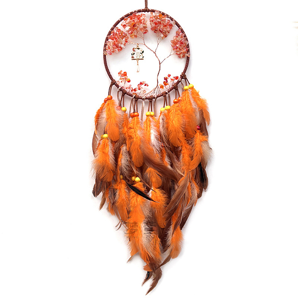 

PandaHall Natural Red Aventurine Chips Flat Round with Tree of Life Wind Chime, Woven Net/Web with Feather and Iron Findings for Home, Car...
