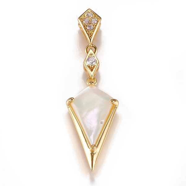 

PandaHall Brass Micro Pave Clear Cubic Zirconia Pendants, with White Natural Shell, Kite, Golden, 24.5x12x3.5mm, Hole: 2x5mm Brass+Cubic...