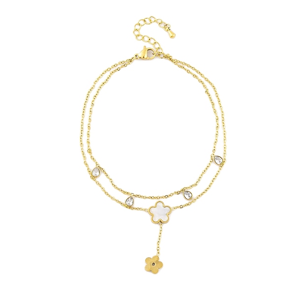 

PandaHall Ion Plating(IP) 304 Stainless Steel Chains Anklet, Cubic Zirconia & Synthetic Shell Charms Anklet, Golden, Flower, 8-1/4 inch...
