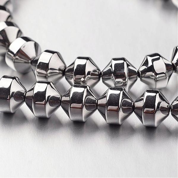 

PandaHall Electroplate Non-magnetic Synthetic Hematite Bead Strands, Bicone, Silver Plated, 6x6mm, Hole: 1mm, about 61pcs/strand, 15.7 inch...