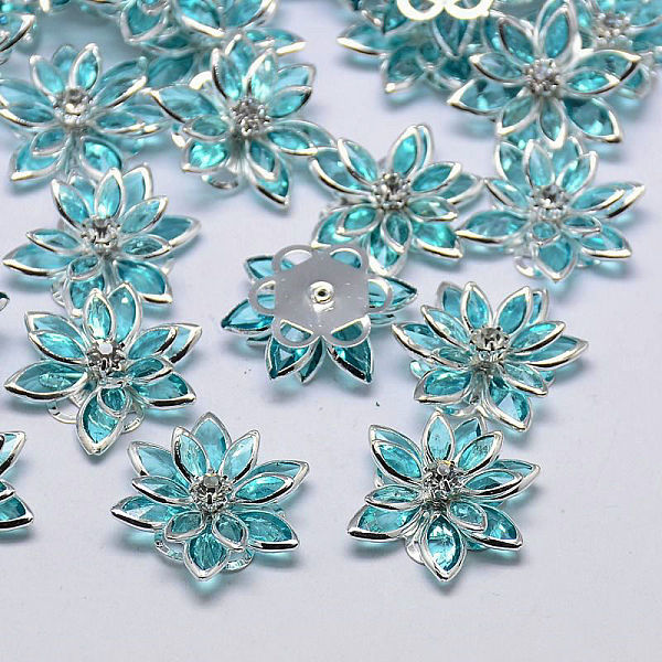 

PandaHall Acrylic Rhinestone Flower Flat Back Cabochons, with Brass Findings, Pale Turquoise, 24x7mm Acrylic Rhinestone Flower Cyan